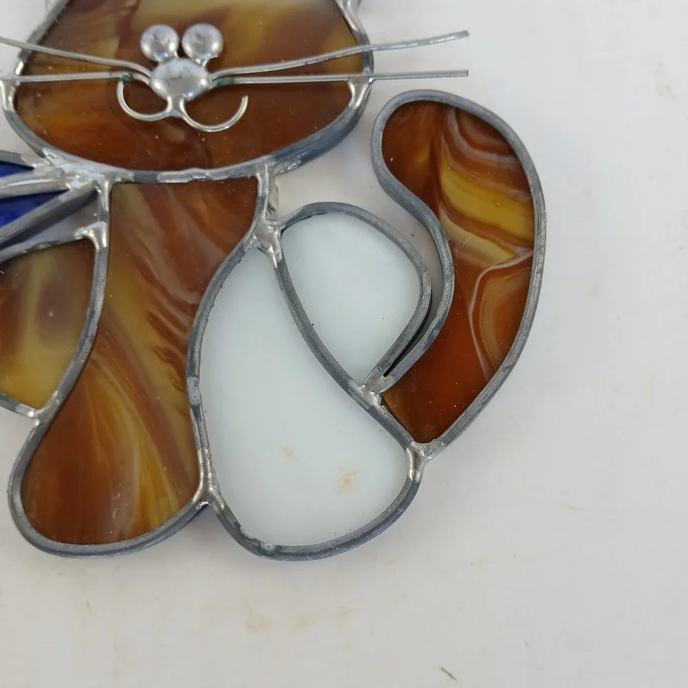 Stained Glass Window Suncatcher Cat Brown White Blue Scarf Hanging Handmade
